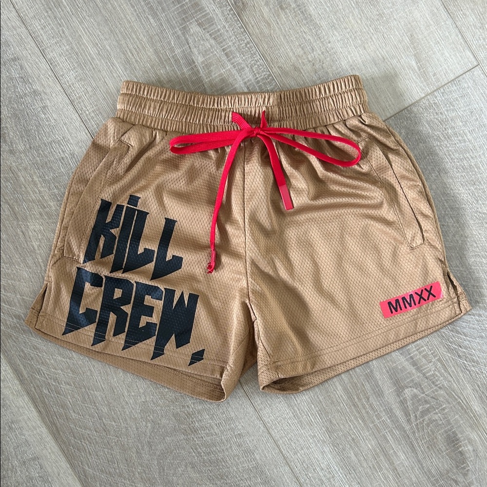 Kill Crew Athletic Tan Shorts with Red Drawstring